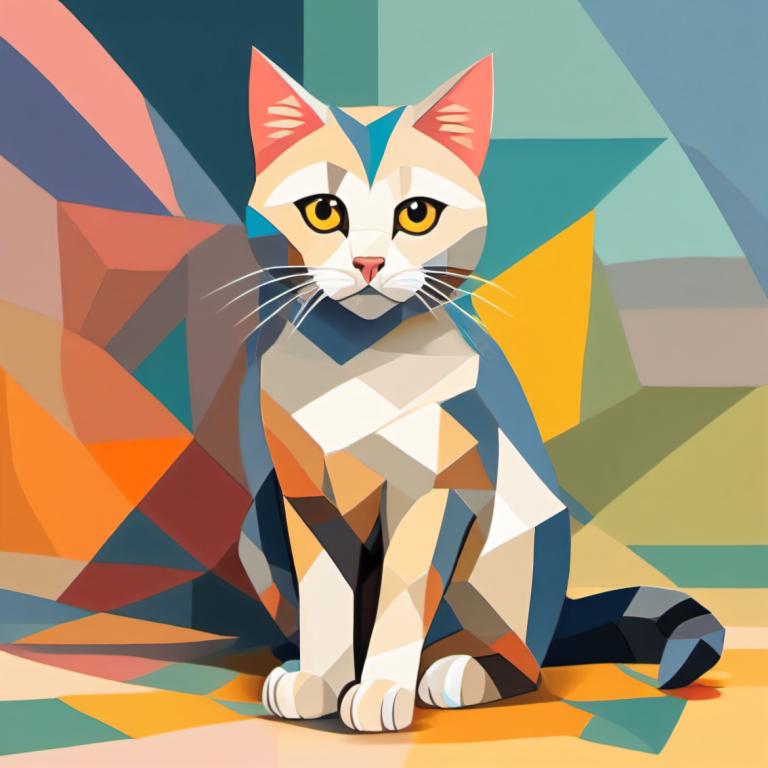 Cubism,Cubism, Animal, cat, no humans, cat, animal focus, looking at viewer, sitting, solo, full body