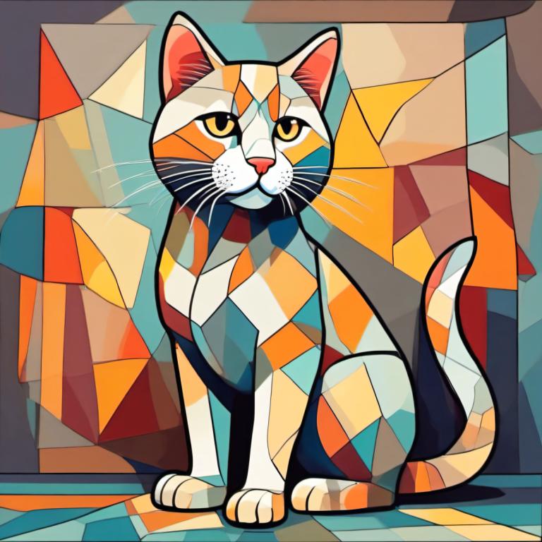 Cubism,Cubism, Animal, cat, no humans, cat, animal focus, solo, full body, yellow eyes, sitting, animal