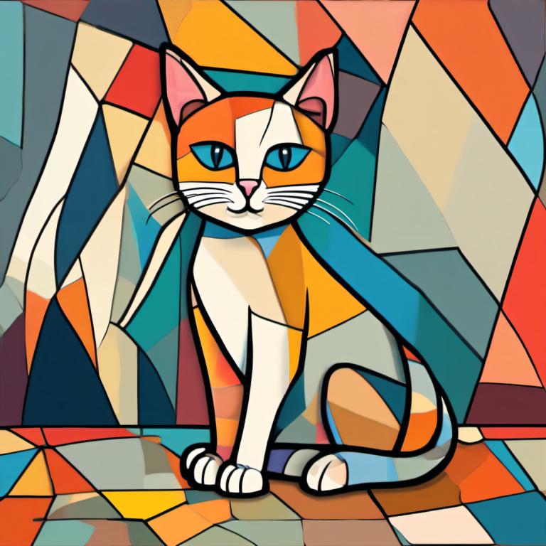 Cubism,Cubism, Animal, cat, no humans, cat, animal focus, solo, sitting, looking at viewer, blue eyes