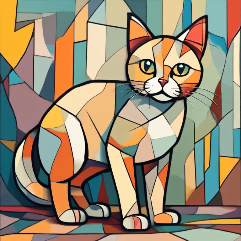 Cubism,Cubism, Animal, cat, no humans, cat, animal focus, solo, looking at viewer, full body