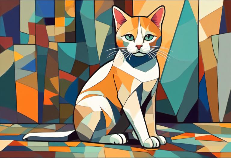 Cubism,Cubism, Animal, cat, no humans, cat, animal focus, sitting, looking at viewer, solo, whiskers