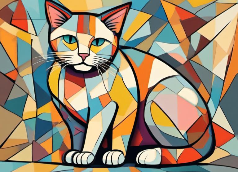 Cubism,Cubism, Animal, cat, no humans, cat, animal focus, solo, looking at viewer, full body, whiskers