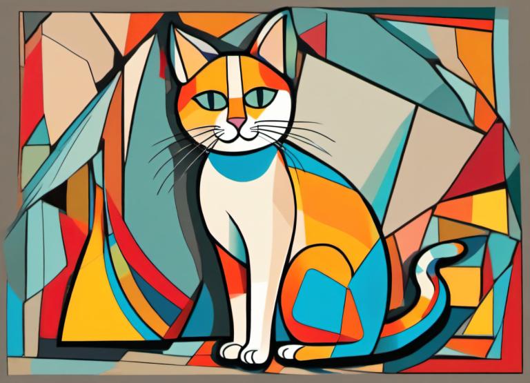 Cubism,Cubism, Animal, cat, no humans, cat, animal focus, solo, full body, whiskers, border