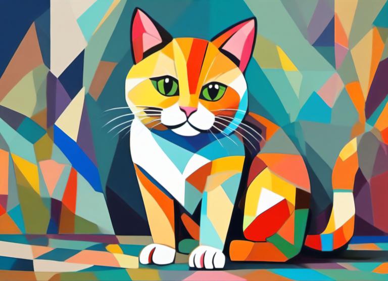 Cubism,Cubism, Animal, cat, no humans, cat, animal focus, green eyes, looking at viewer, solo, full body