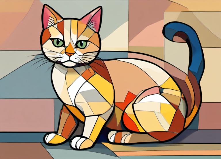 Cubism,Cubism, Animal, cat, no humans, cat, solo, green eyes, animal focus, full body, looking at viewer