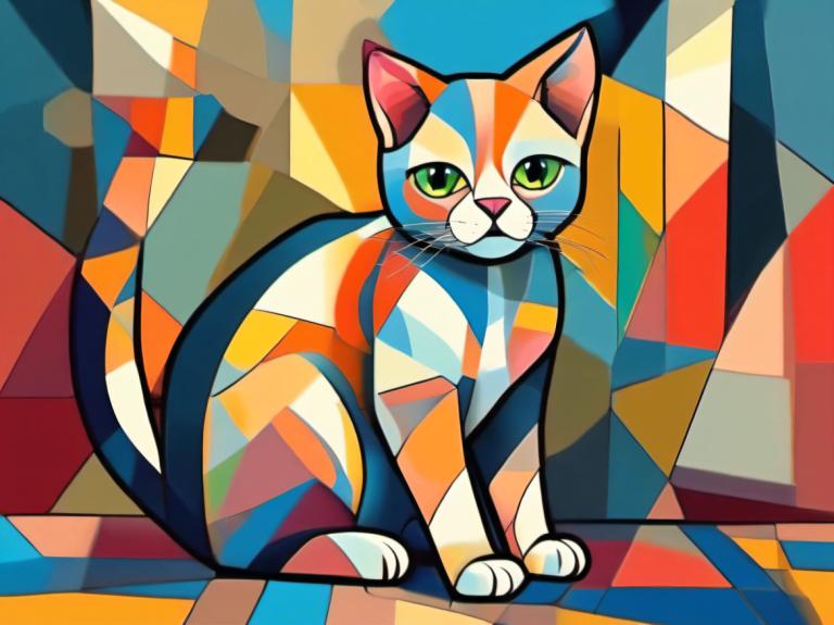 Cubism,Cubism, Animal, cat, no humans, animal focus, cat, green eyes, looking at viewer, solo, full body