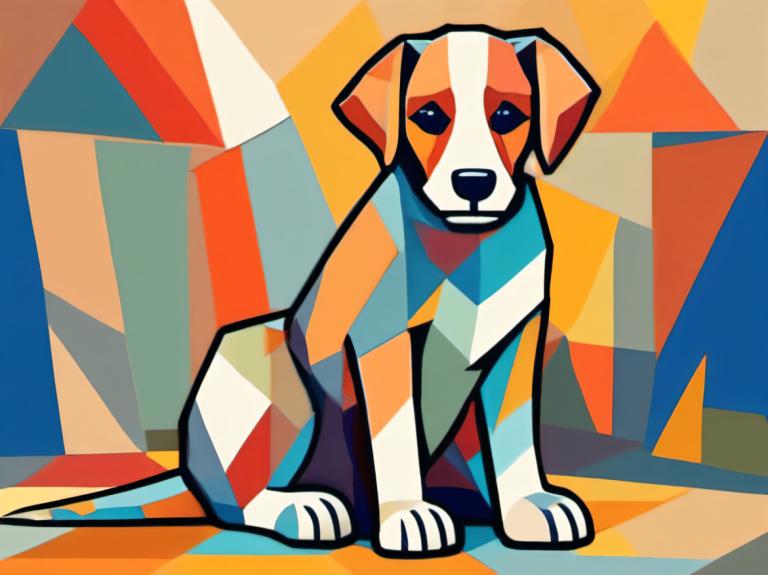 Cubism,Cubism, Animal, dog, dog, no humans, animal focus, solo, looking at viewer, full body, black eyes