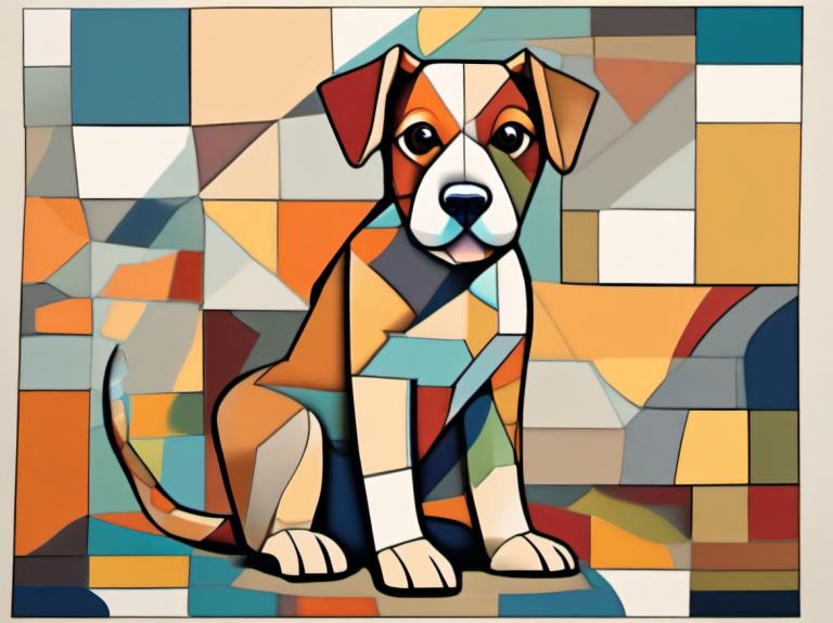 Cubism,Cubism, Animal, dog, no humans, dog, animal focus, looking at viewer, solo, full body, border