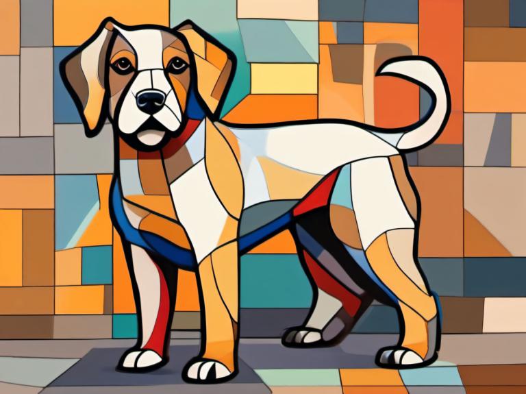 Cubism,Cubism, Animal, dog, dog, no humans, animal focus, full body, tongue, standing, solo, black eyes