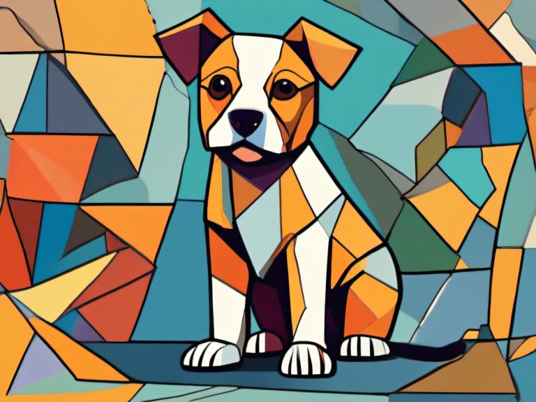 Cubism,Cubism, Animal, dog, no humans, dog, animal focus, solo, looking at viewer, full body