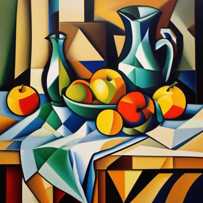 Cubism,Cubism, Still life, still life, fruit, food, no humans, apple, solo, weapon, pokemon (creature)