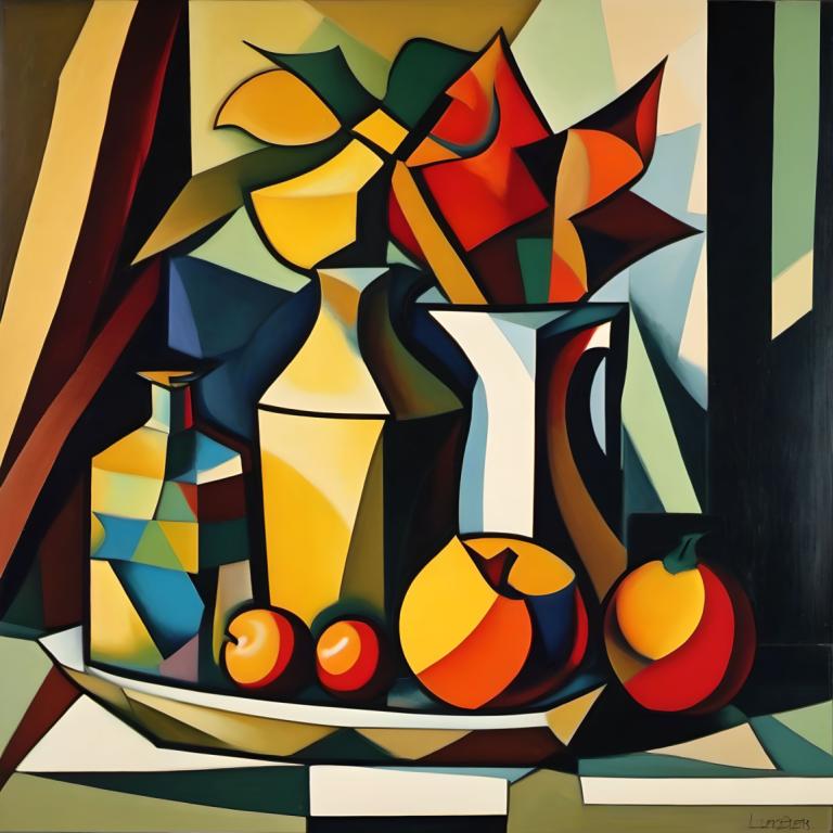 Cubism,Cubism, Still life, still life, fruit, food, no humans, solo, apple, throne, checkered floor, sitting