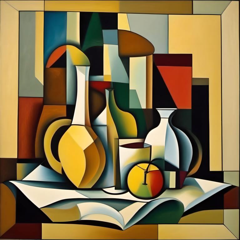 Cubism,Cubism, Still life, still life, no humans, book, cup, solo, bottle, fruit, food, still life