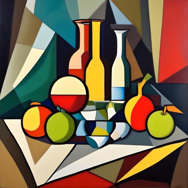 Cubism,Cubism, Still life, still life, fruit, food, solo, no humans, bottle, red eyes, apple, close-up