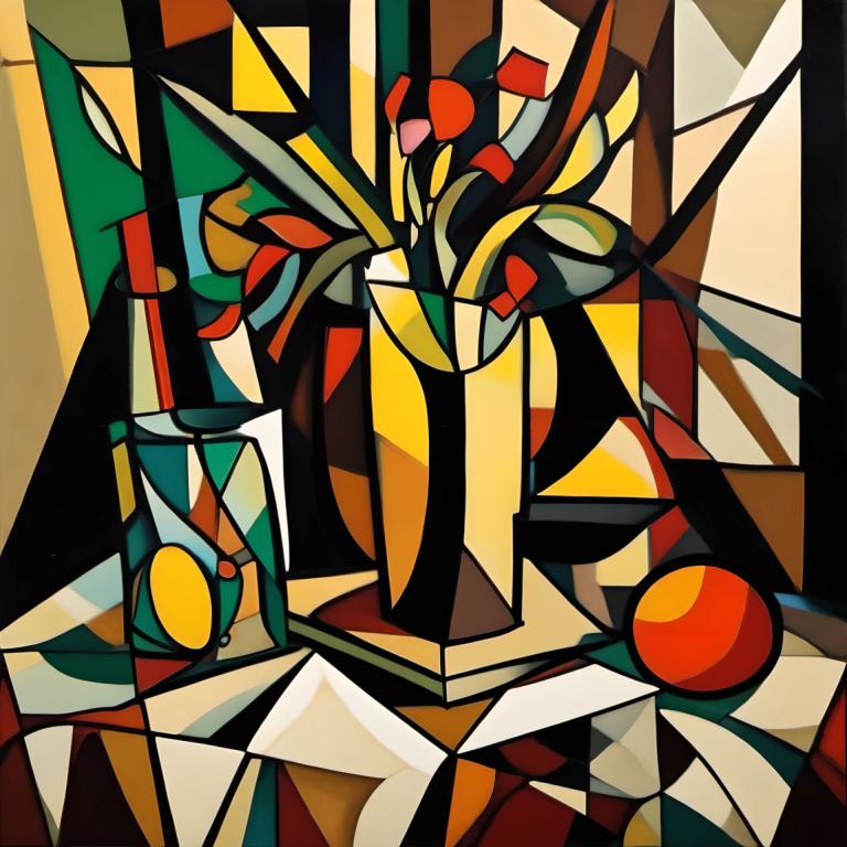 Cubism,Cubism, Still life, still life, no humans, solo, robot, mecha, looking at viewer, yellow eyes