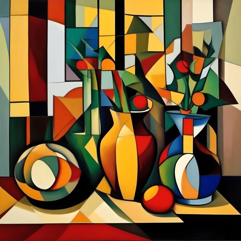 Cubism,Cubism, Still life, still life, no humans, solo, robot, looking at viewer, red eyes, mecha