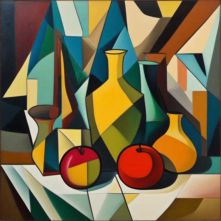 Cubism,Cubism, Still life, still life, no humans, fruit, solo, red eyes, food, pokemon (creature), close-up