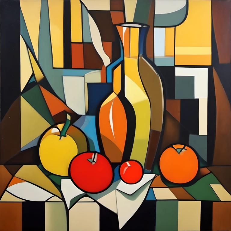 Cubism,Cubism, Still life, still life, fruit, food, solo, no humans, orange (fruit), apple