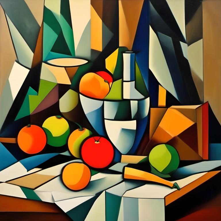 Cubism,Cubism, Still life, still life, no humans, fruit, food, solo, apple, robot, orange eyes