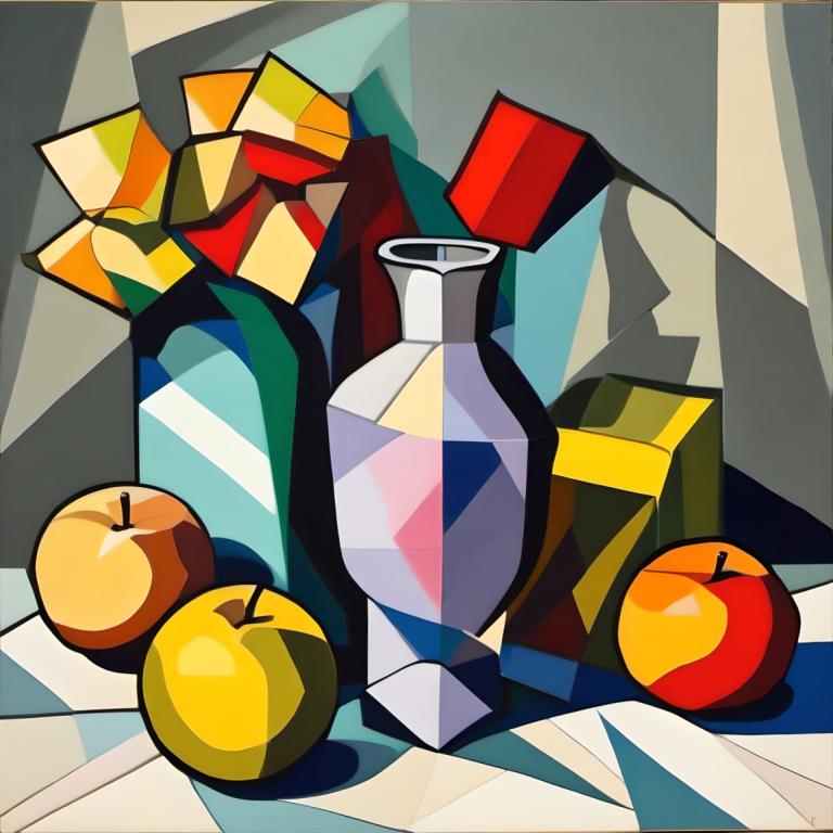 Cubism,Cubism, Still life, still life, no humans, fruit, food, apple, solo, pokemon (creature), bottle