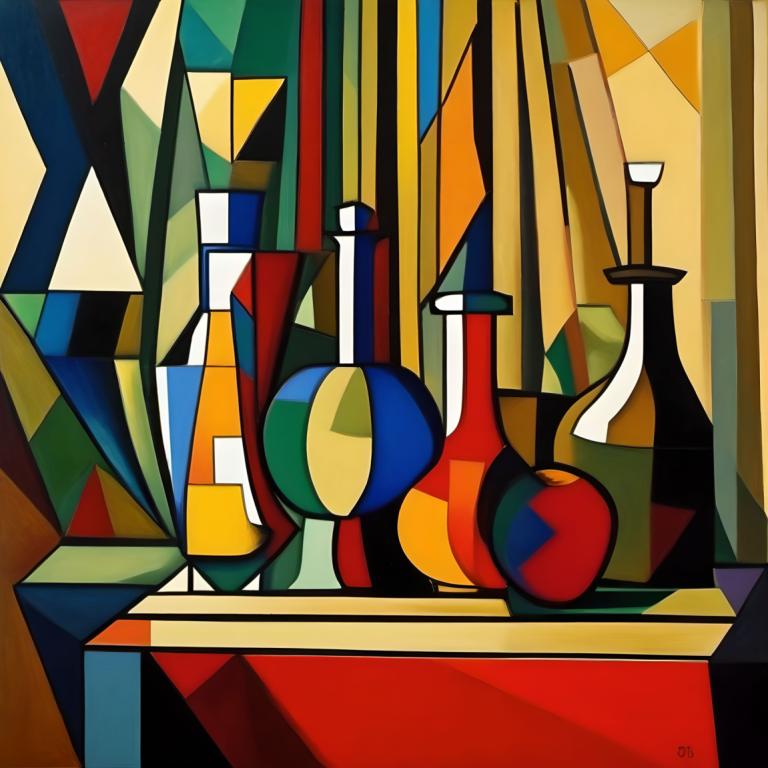 Cubism,Cubism, Still life, still life, no humans, stained glass, solo, window, indoors, colorful, curtains