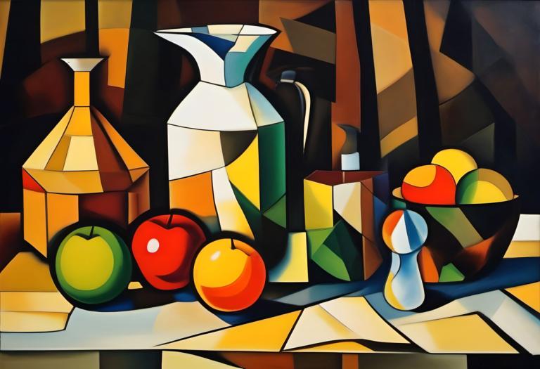 Cubism,Cubism, Still life, still life, no humans, fruit, food, apple, solo, bottle, pokemon (creature)