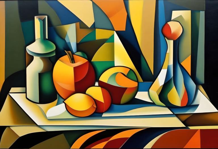 Cubism,Cubism, Still life, still life, food, no humans, fruit, apple, solo, bottle, pokemon (creature)