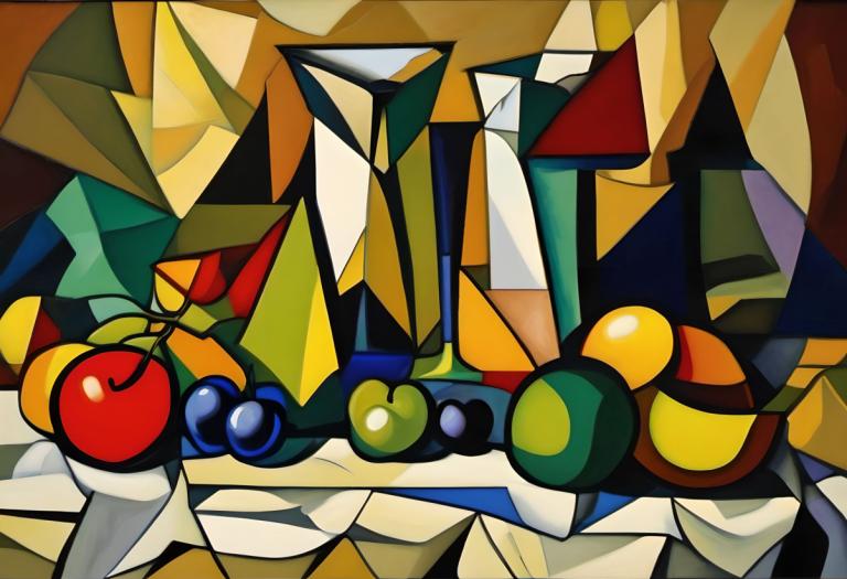 Cubism,Cubism, Still life, still life, no humans, solo, fruit, robot, beads, mecha, close-up, yellow eyes