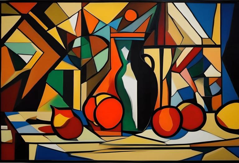 Cubism,Cubism, Still life, still life, stained glass, no humans, border, solo, black border, window, full body