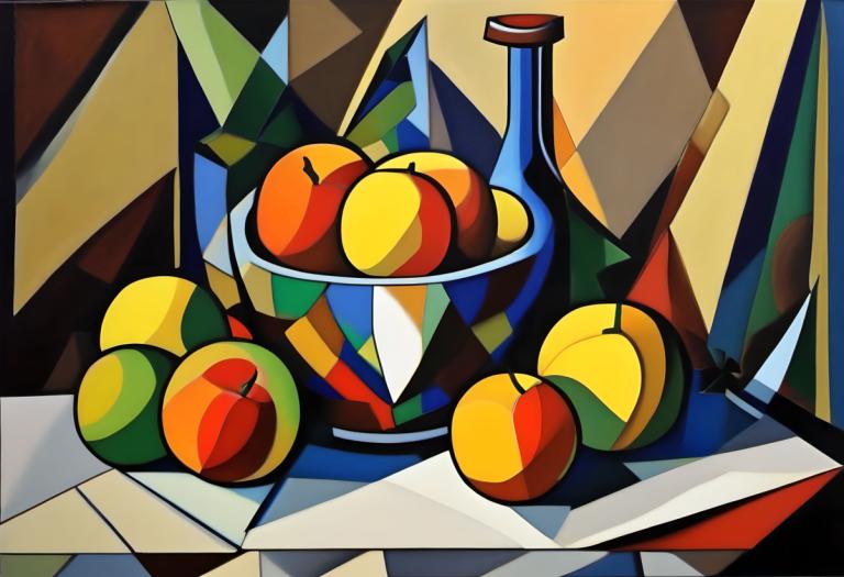 Cubism,Cubism, Still life, still life, no humans, fruit, solo, food, apple, robot, pokemon (creature)