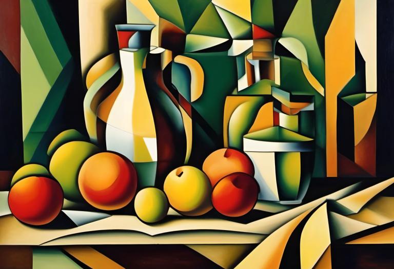 Cubism,Cubism, Still life, still life, no humans, fruit, food, solo, pokemon (creature), bottle, still life