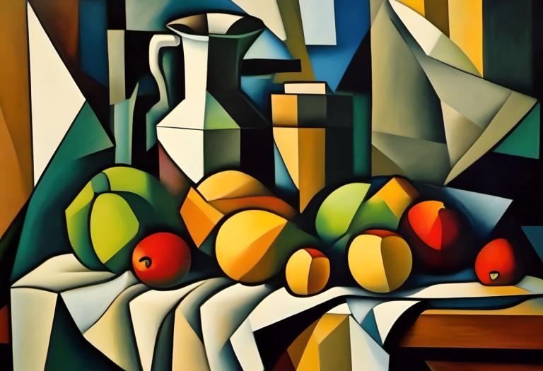 Cubism,Cubism, Still life, still life, no humans, solo, pokemon (creature), red eyes, fruit, looking at viewer