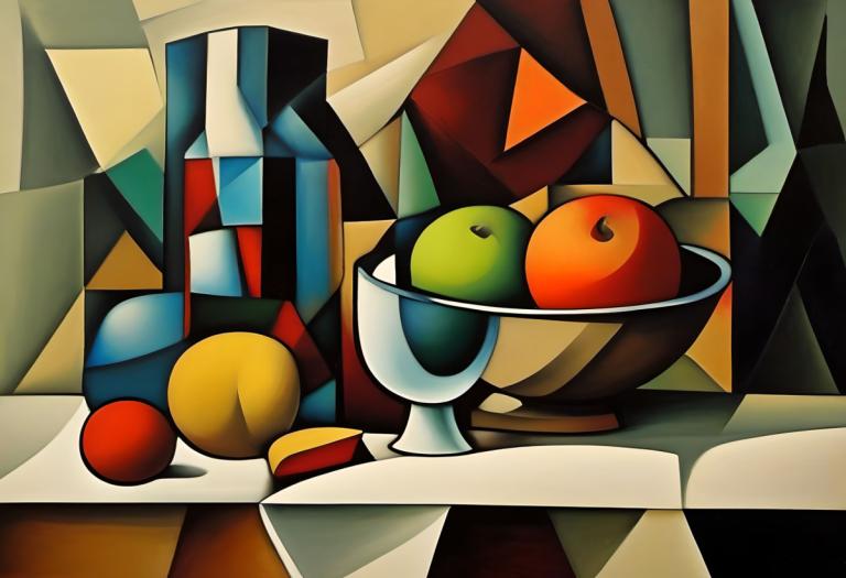 Cubism,Cubism, Still life, still life, no humans, fruit, solo, food, apple, full body