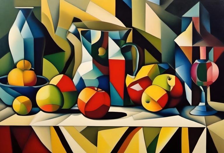 Cubism,Cubism, Still life, still life, no humans, fruit, solo, food, pokemon (creature), black eyes, apple