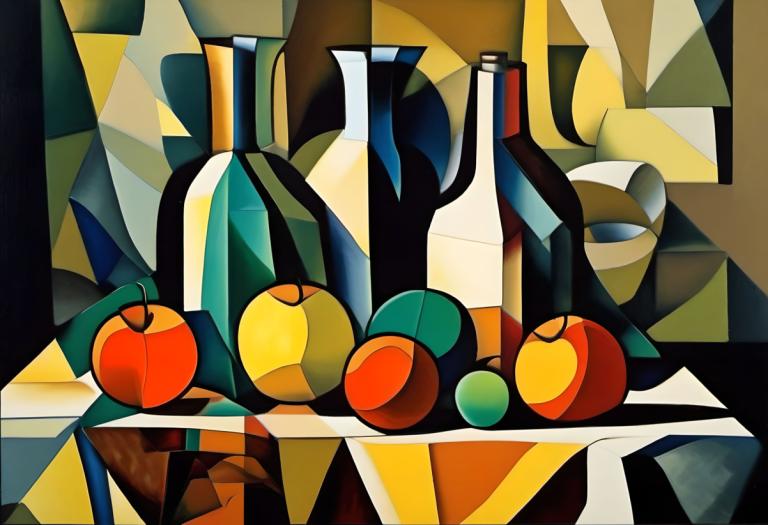 Cubism,Cubism, Still life, still life, no humans, fruit, food, pokemon (creature), bottle, solo