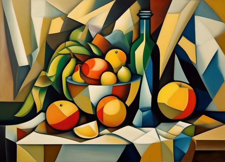 Cubism,Cubism, Still life, still life, no humans, fruit, food, solo, pokemon (creature), bottle, still life