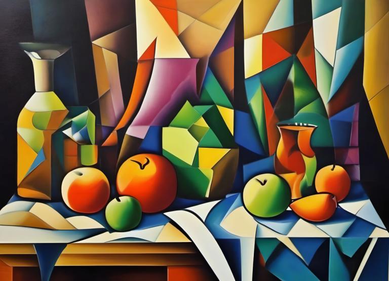 Cubism,Cubism, Still life, still life, fruit, no humans, food, apple, pokemon (creature), solo, closed eyes