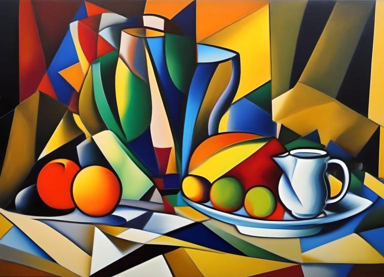 Cubism,Cubism, Still life, still life, no humans, cup, food, fruit, solo, teacup, teapot, apple, plate