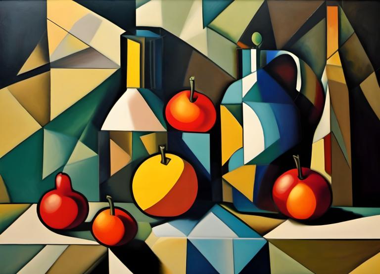 Cubism,Cubism, Still life, still life, no humans, fruit, food, solo, apple, pokemon (creature)