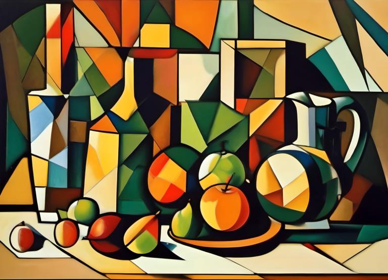 Cubism,Cubism, Still life, still life, no humans, pokemon (creature), solo, stained glass, fruit, food