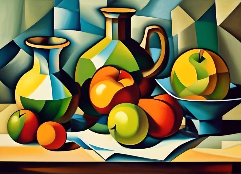 Cubism,Cubism, Still life, still life, no humans, fruit, food, solo, apple, sword, weapon, pokemon (creature)