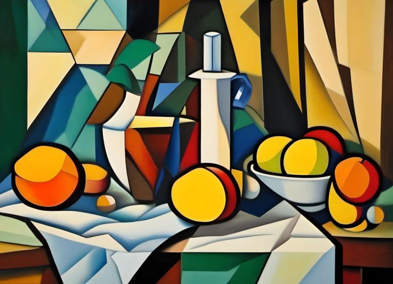 Cubism,Cubism, Still life, still life, no humans, solo, sword, fruit, weapon, yellow eyes