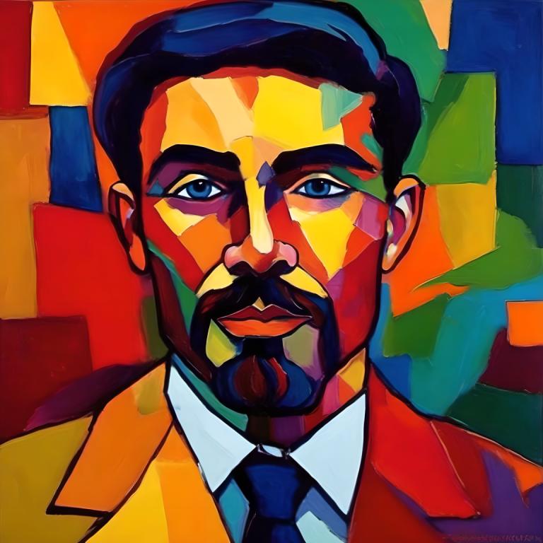 Fauvism,Fauvism, People, man, 1boy, male focus, solo, necktie, facial hair, blue eyes, formal, mustache