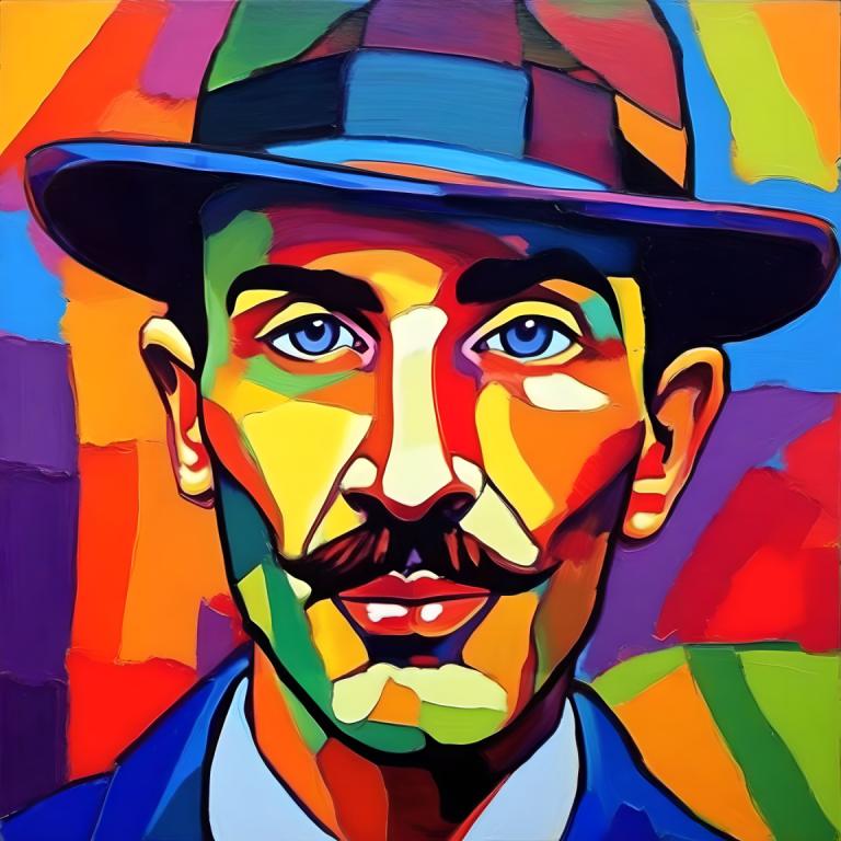 Fauvism,Fauvism, People, man, 1boy, hat, male focus, facial hair, solo, blue eyes, mustache