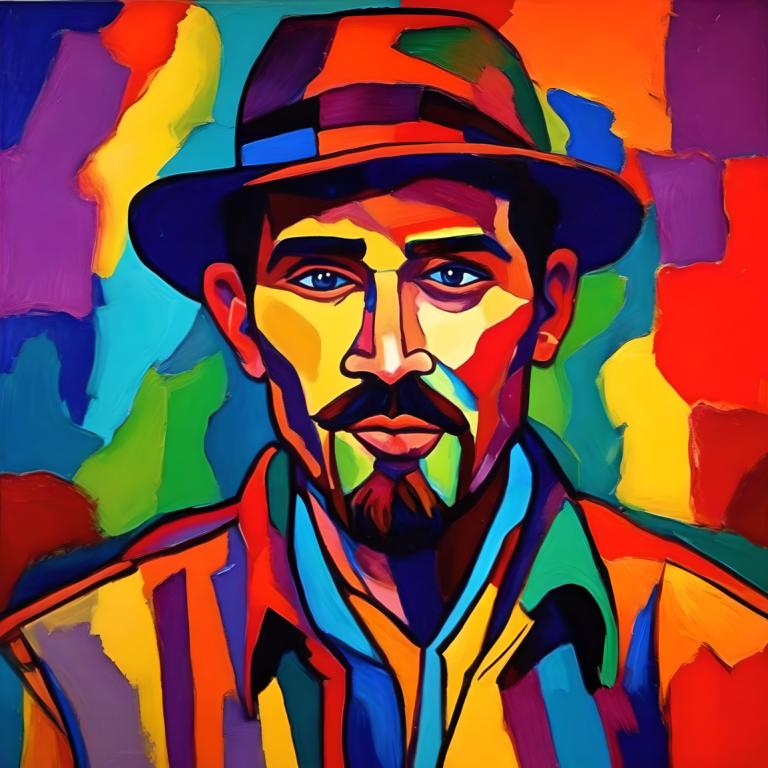 Fauvism,Fauvism, People, man, 1boy, facial hair, male focus, solo, hat, beard, colorful, blue eyes