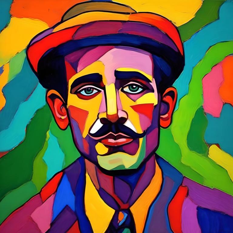 Fauvism,Fauvism, People, man, 1boy, male focus, solo, hat, clown, facepaint, facial hair, colorful, shirt