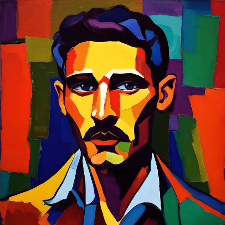 Fauvism,Fauvism, People, man, 1boy, male focus, solo, facial hair, necktie, black hair, shirt