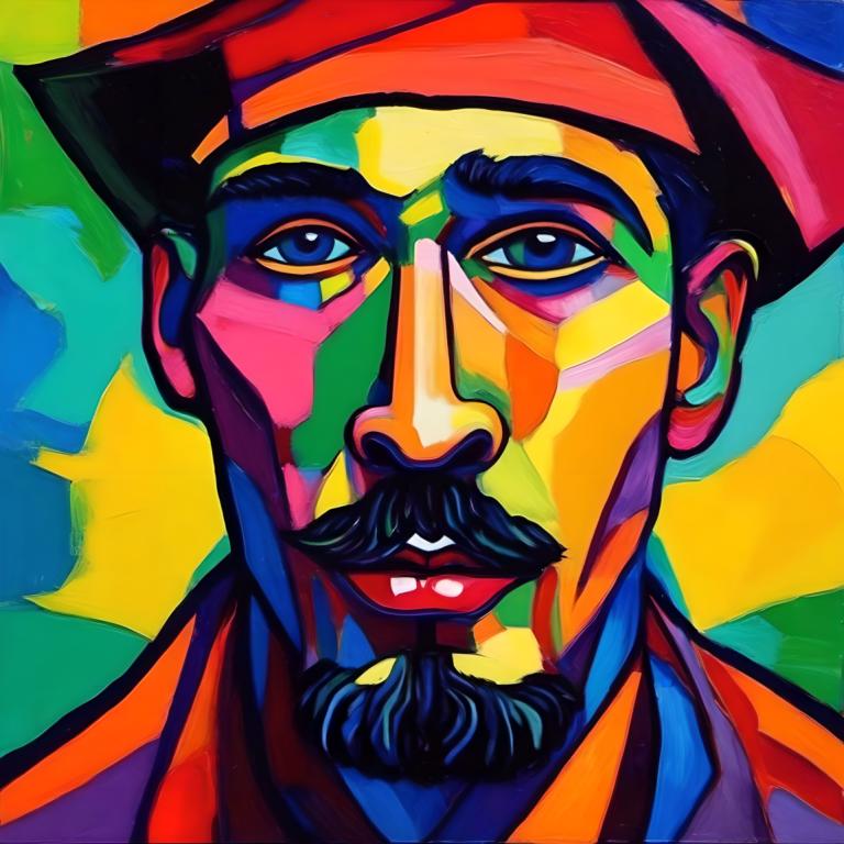 Fauvism,Fauvism, People, man, male focus, facial hair, 1boy, mustache, hat, colorful, blue eyes, black hair