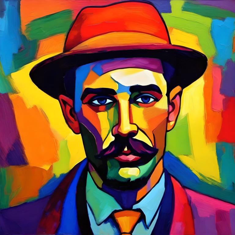 Fauvism,Fauvism, People, man, 1boy, male focus, solo, hat, necktie, facial hair, blue eyes, colorful