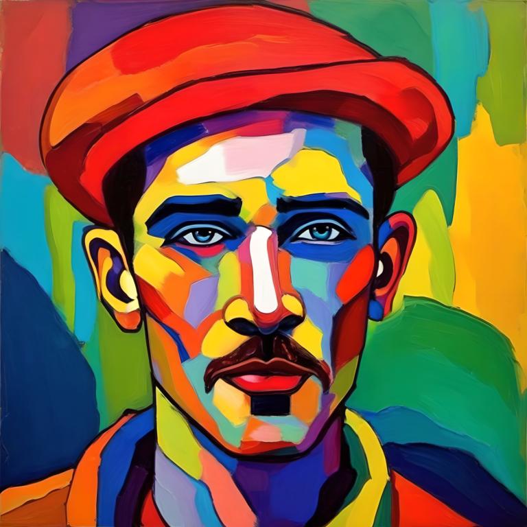 Fauvism,Fauvism, People, man, 1boy, hat, male focus, solo, red headwear, blue eyes, clown, beret, portrait